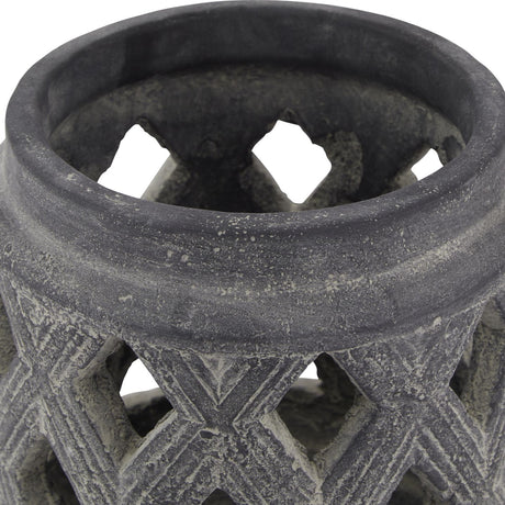 Close-up of the Hill Interiors Grey Lattice Ceramic Lantern showing the matte grey glazed rim and pierced diamond cut-out pattern around the top.