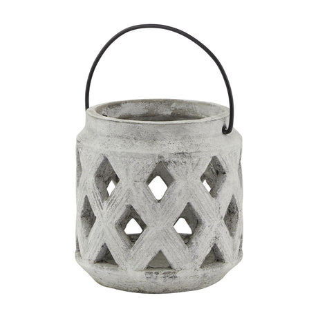 Hill Interiors beige stone-effect ceramic lattice lantern candle holder with diamond cut-outs and black metal handle, on a plain white background.