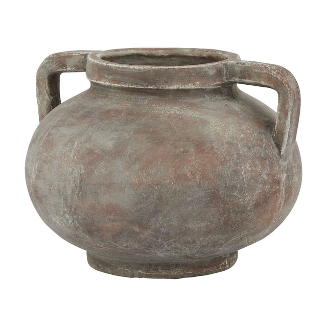 Hill Interiors Brown Ceramic Pelike Pot Vase with rounded body, twin angular handles and weathered earthy finish, shown on a plain white background.
