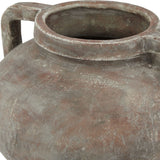 Close-up of Hill Interiors brown ceramic pelike pot vase showing the rounded body, short neck, rimmed opening and squared side handle with weathered finish.