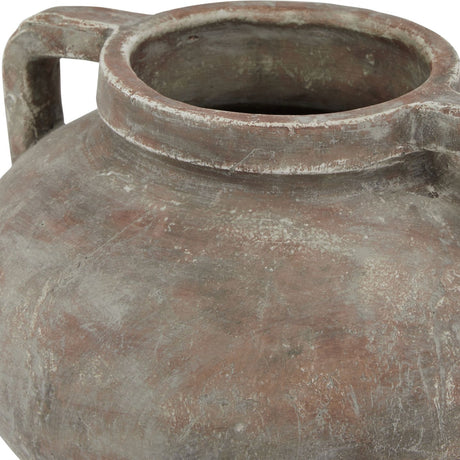 Close-up of Hill Interiors brown ceramic pelike pot vase showing the rounded body, short neck, rimmed opening and squared side handle with weathered finish.