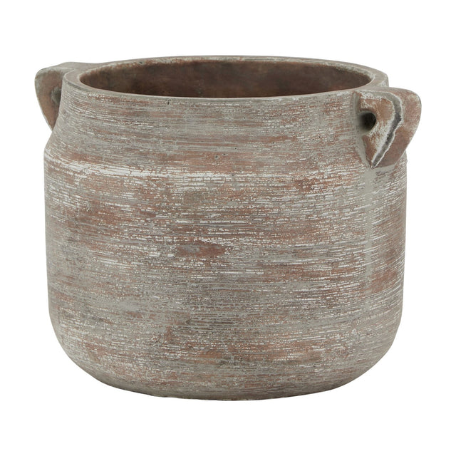 Hill Interiors Brown Ceramic Hydria Pot Vase with rounded belly, short neck, wide rim and small side handles, shown on a plain white background.