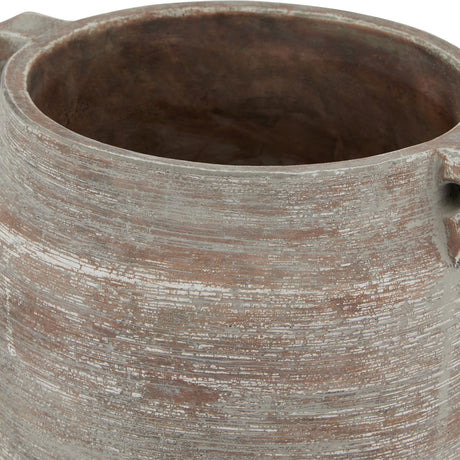 Close-up of Hill Interiors Brown Ceramic Hydria Pot Vase showing the wide rim, small side handle and textured, hand-thrown brown finish.