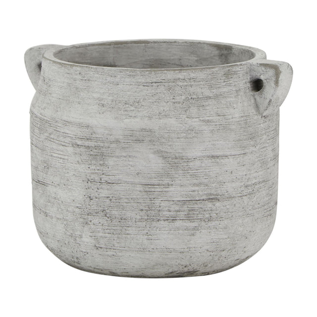 Hill Interiors Stone Hydria ceramic pot vase in beige with a rounded bellied body, small side handles and matte stone-like finish, on a white background.