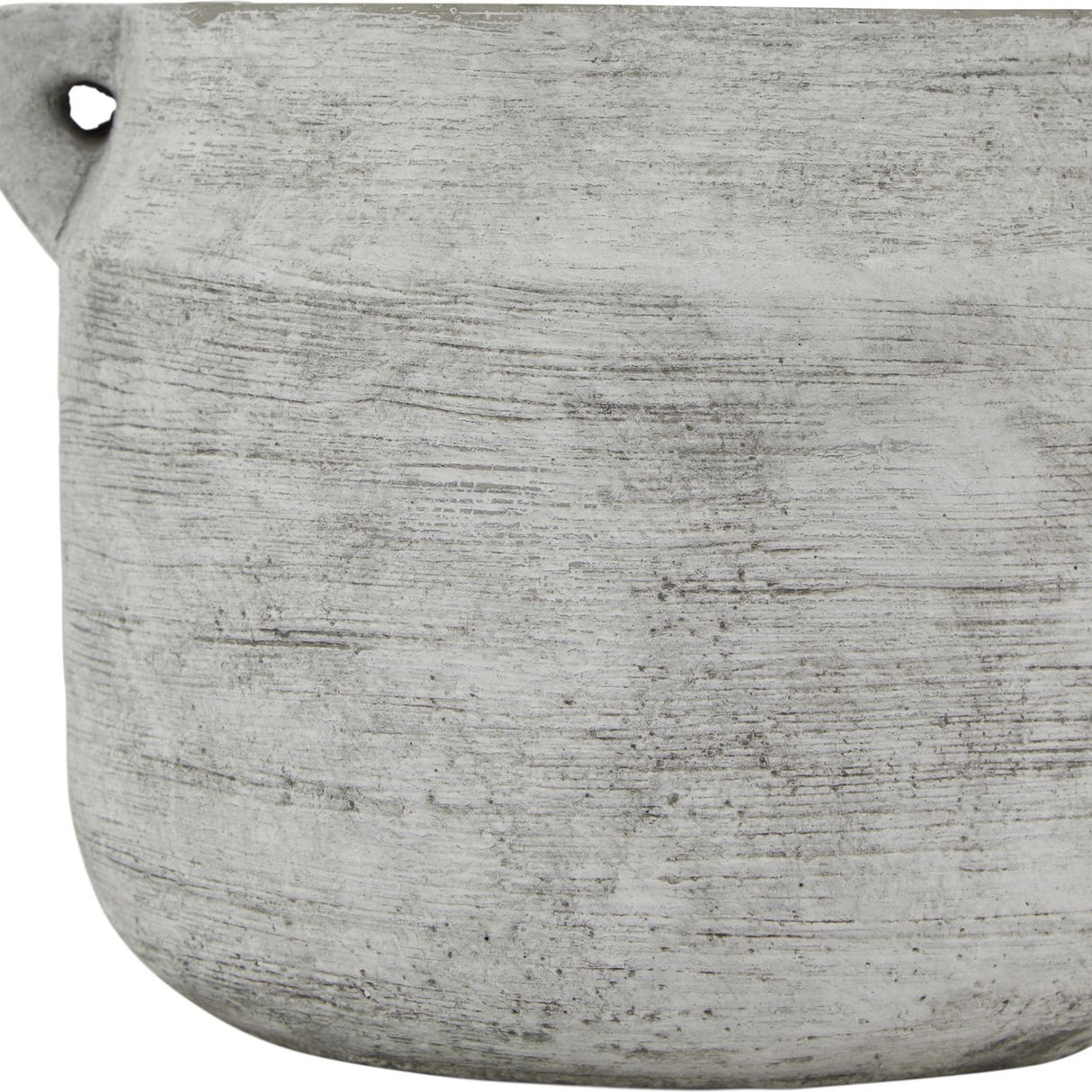 Close-up of Hill Interiors Stone Hydria ceramic vase in beige, showing the rounded bellied body, small side handle and matte stone-like textured finish.