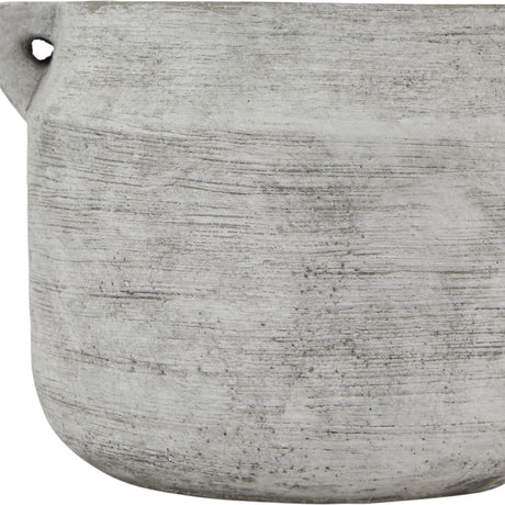 Close-up of Hill Interiors Stone Hydria ceramic vase in beige, showing the rounded bellied body, small side handle and matte stone-like textured finish.