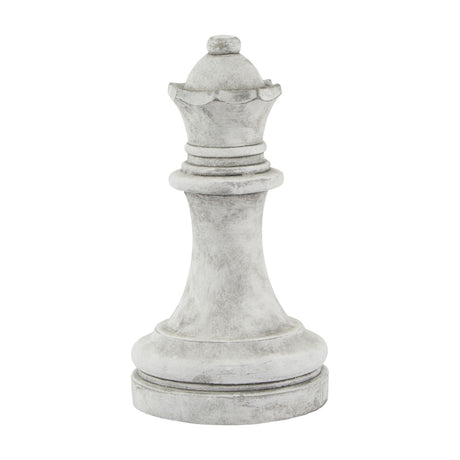 Hill Interiors stone queen chess piece ceramic ornament in beige with a matte stone-like finish and crowned top, shown on a plain white background.