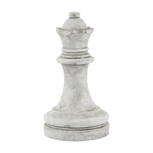 Hill Interiors stone queen chess piece ceramic ornament in beige with a matte stone-like finish and crowned top, shown on a plain white background.