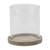Hill Interiors Brown Ceramic Hurricane Lantern with a clear glass cylinder set on a round brown ceramic base, shown on a plain white background.