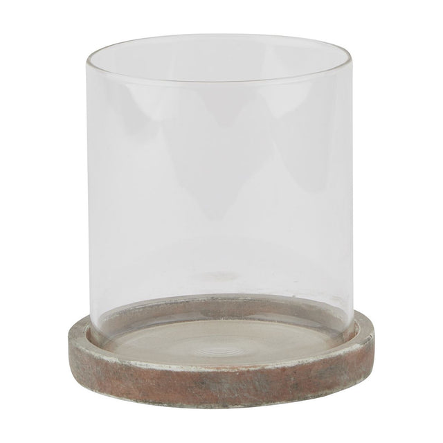 Hill Interiors Brown Ceramic Hurricane Lantern with a clear glass cylinder set on a round brown ceramic base, shown on a plain white background.