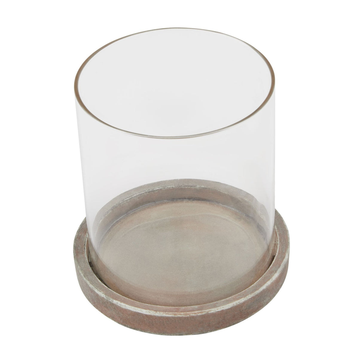 Hill Interiors brown ceramic hurricane lantern with a clear glass cylinder set into a round brown ceramic base, shown on a plain white background.