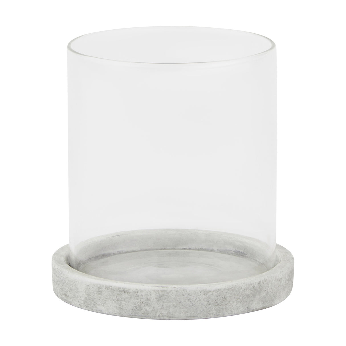 Hill Interiors Stone Hurricane Lantern in beige, featuring a clear glass cylinder set on a round stone-effect ceramic base, shown on a white background.