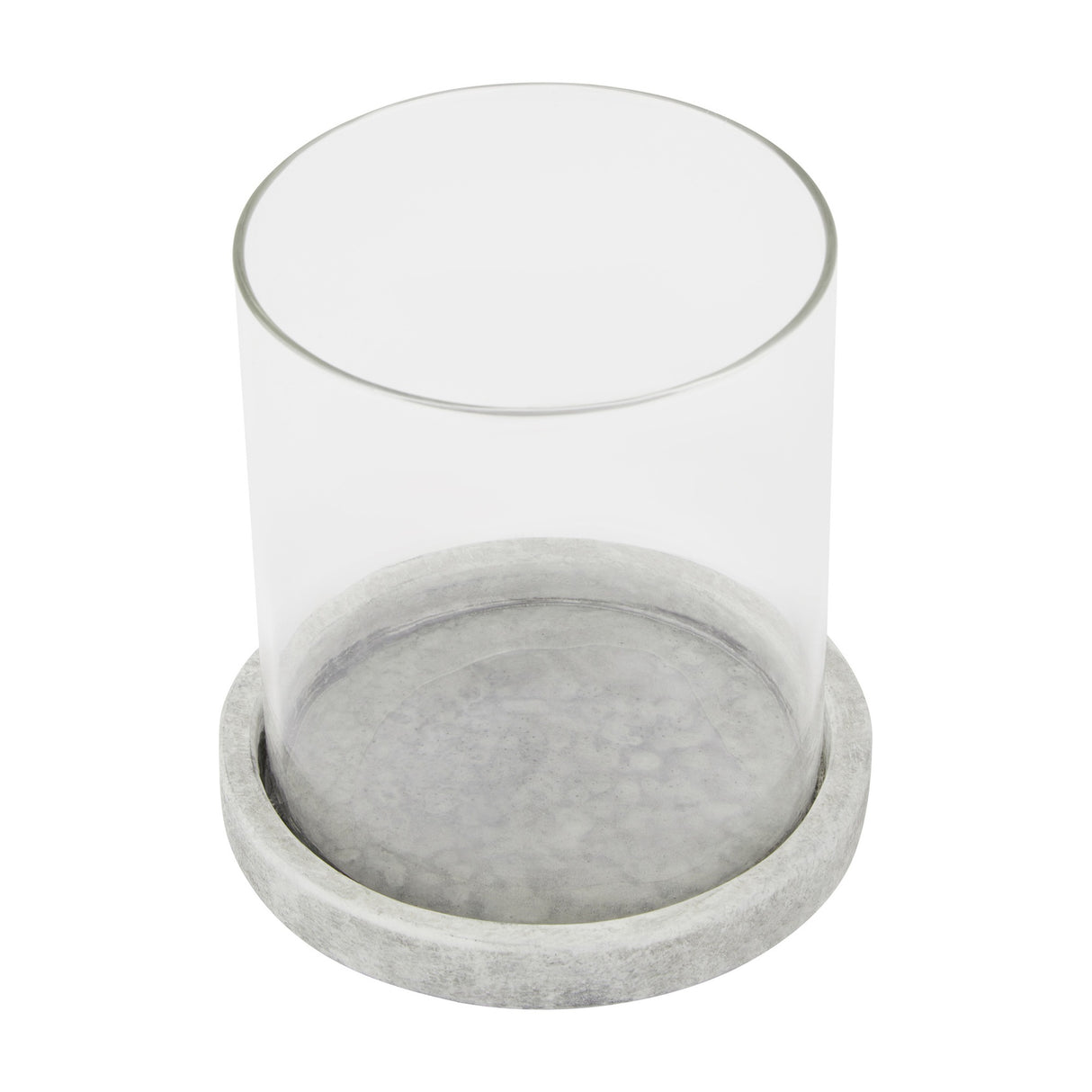 Hill Interiors Stone Hurricane Lantern in beige with a clear glass cylinder set on a round ceramic stone-effect base, shown on a white background.