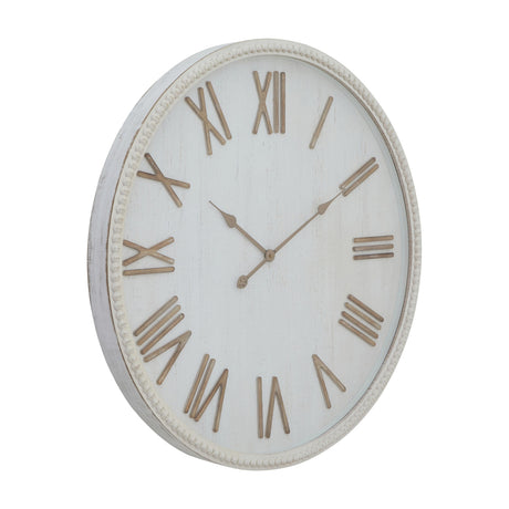 Hill Interiors Large Rustic Beaded Frame Wall Clock in white with wooden Roman numerals and slim hands under glass, shown at an angle on a white background.