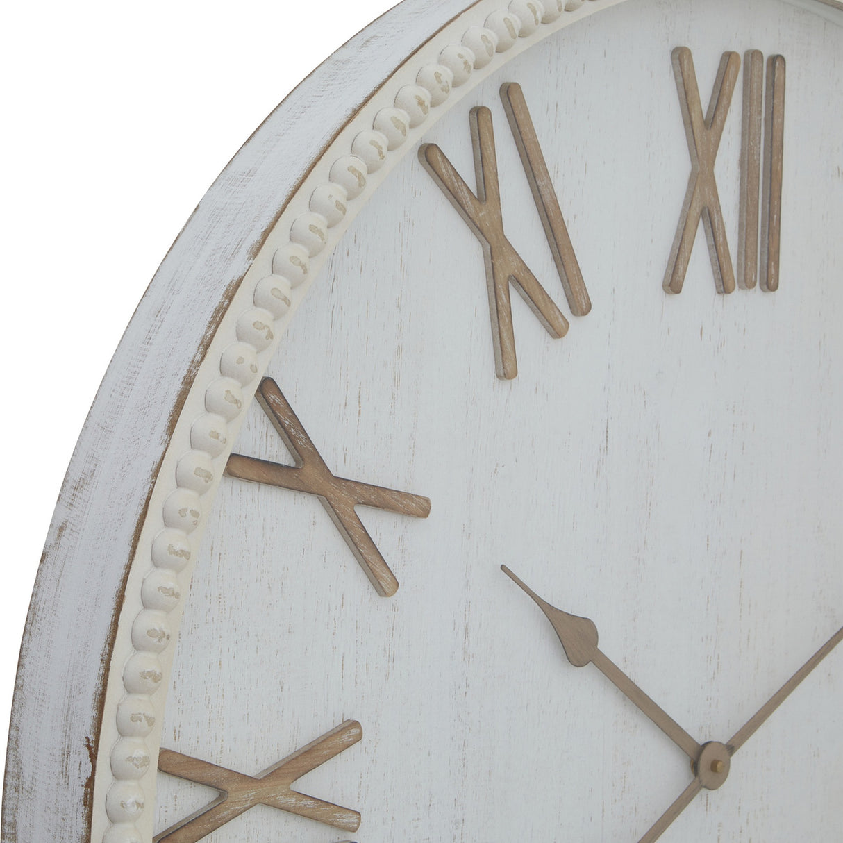 Close-up of the Hill Interiors Large Rustic Beaded Frame Wall Clock in white, showing the textured beaded edge, wooden Roman numerals and aged finish.