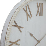 Close-up of the Hill Interiors Large Rustic Beaded Frame Wall Clock in white, showing the textured beaded edge, wooden Roman numerals and aged finish.