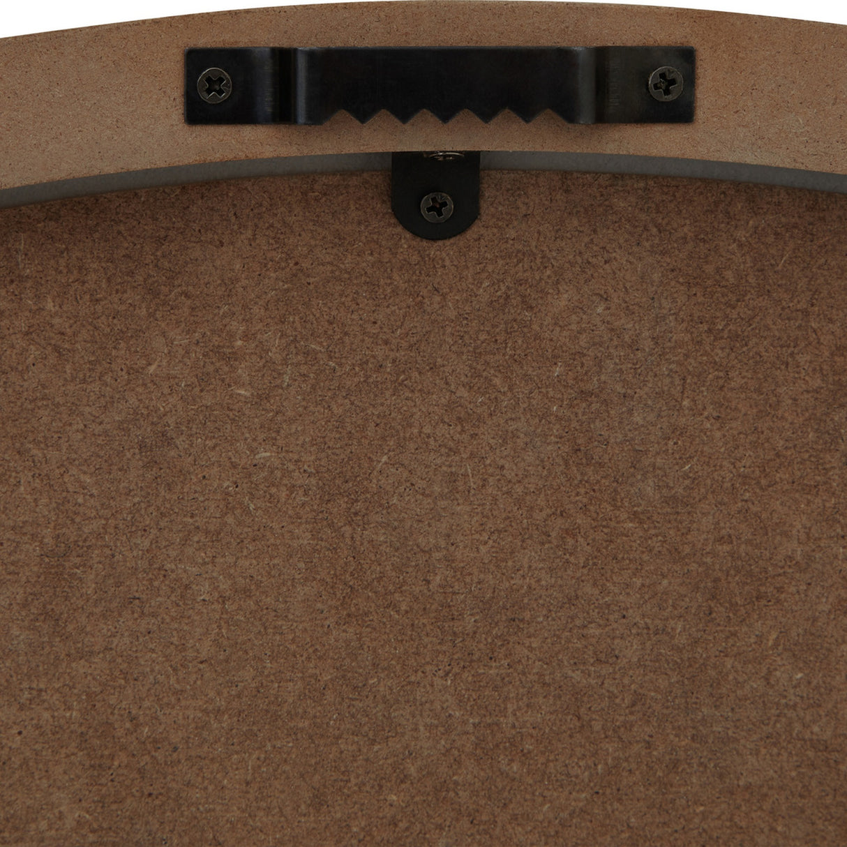 Close-up of the MDF back of the Hill Interiors Large Rustic Beaded Frame Wall Clock showing the sawtooth hanging bracket secured with screws.