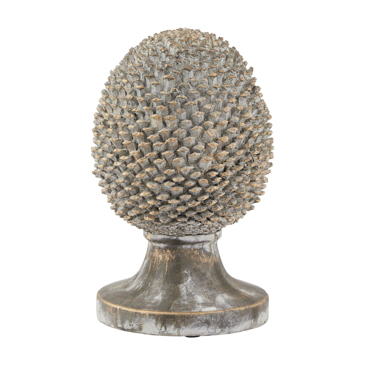 Hill Interiors large ceramic pinecone ornament in beige stone effect finish with gold-tipped scales on a rounded pedestal base, shown on a white background.