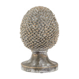 Hill Interiors large ceramic pinecone ornament in beige stone effect finish with gold-tipped scales on a rounded pedestal base, shown on a white background.