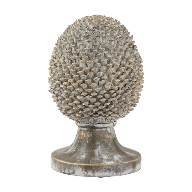 Hill Interiors large ceramic pinecone ornament in beige stone effect finish with gold-tipped scales on a rounded pedestal base, shown on a white background.
