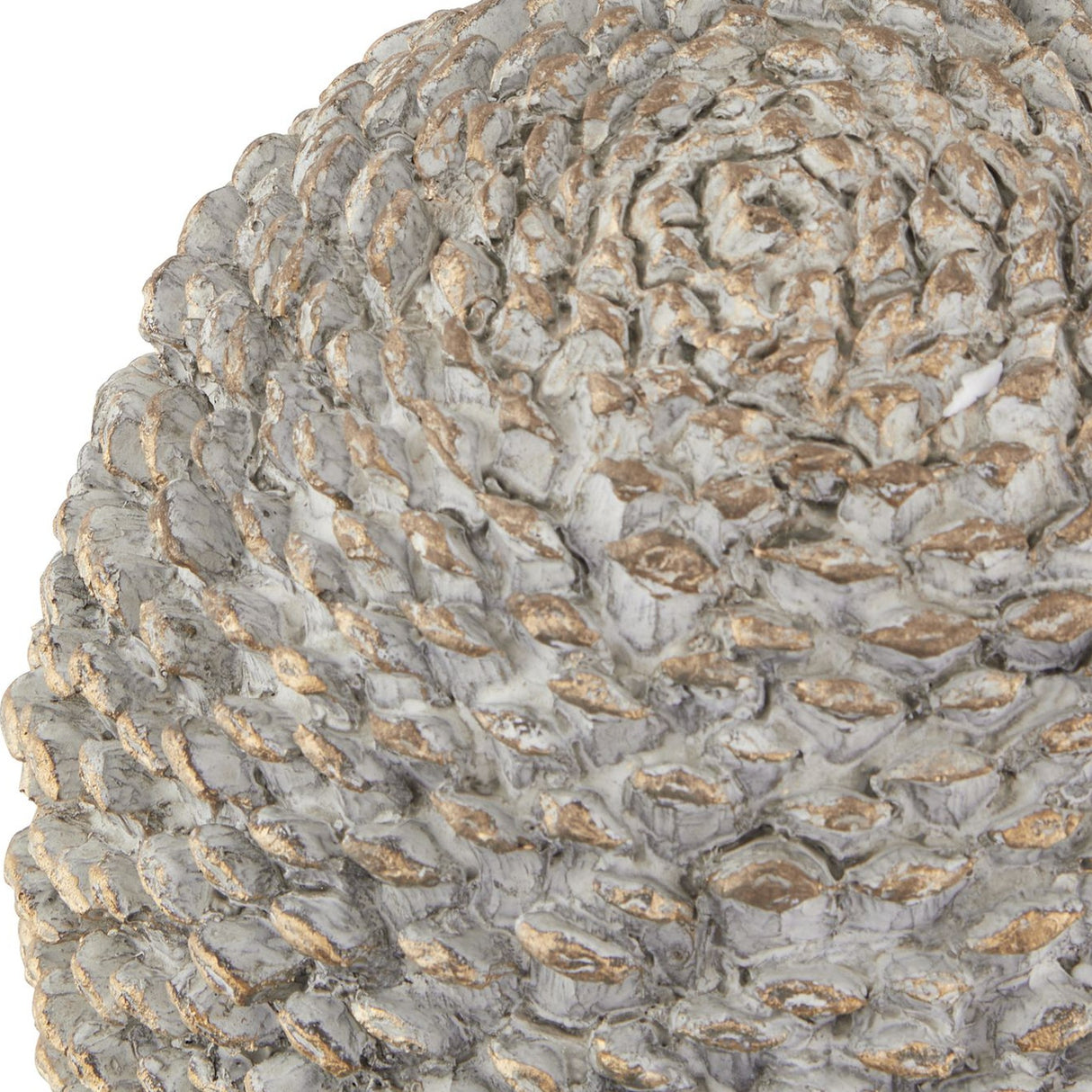 Close-up of Hill Interiors large ceramic pinecone ornament showing detailed overlapping scales in a beige stone effect finish with gold-tipped accents.