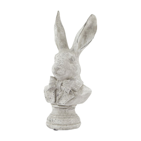 Hill Interiors Stone Effect Tuxedo Hare Sculpture in beige ceramic, upright hare bust with long ears and bow tie on a round pedestal base.