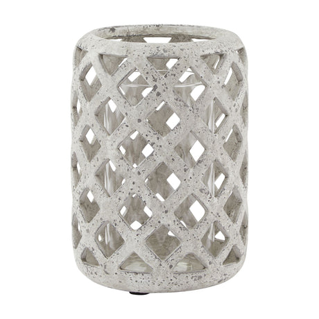 Hill Interiors Stone Effect Hurricane Lantern in beige ceramic with a diamond lattice cut-out design and inner glass insert, on a plain white background.