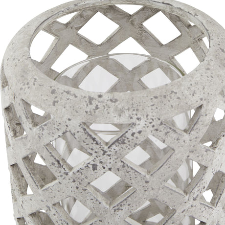 Close-up of Hill Interiors Large Stone Effect Hurricane Lantern in beige ceramic, showing the textured lattice body and inner glass candle well.