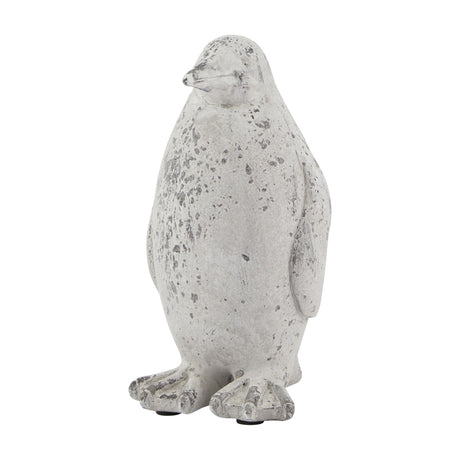 Hill Interiors small ceramic penguin statue in beige with a weathered stone effect finish, shown upright against a plain white background.