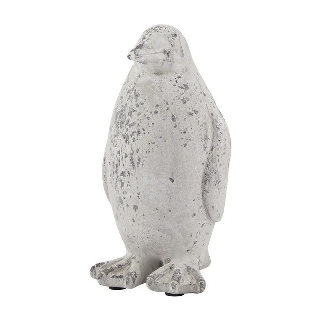 Hill Interiors small ceramic penguin statue in beige with a weathered stone effect finish, shown upright against a plain white background.