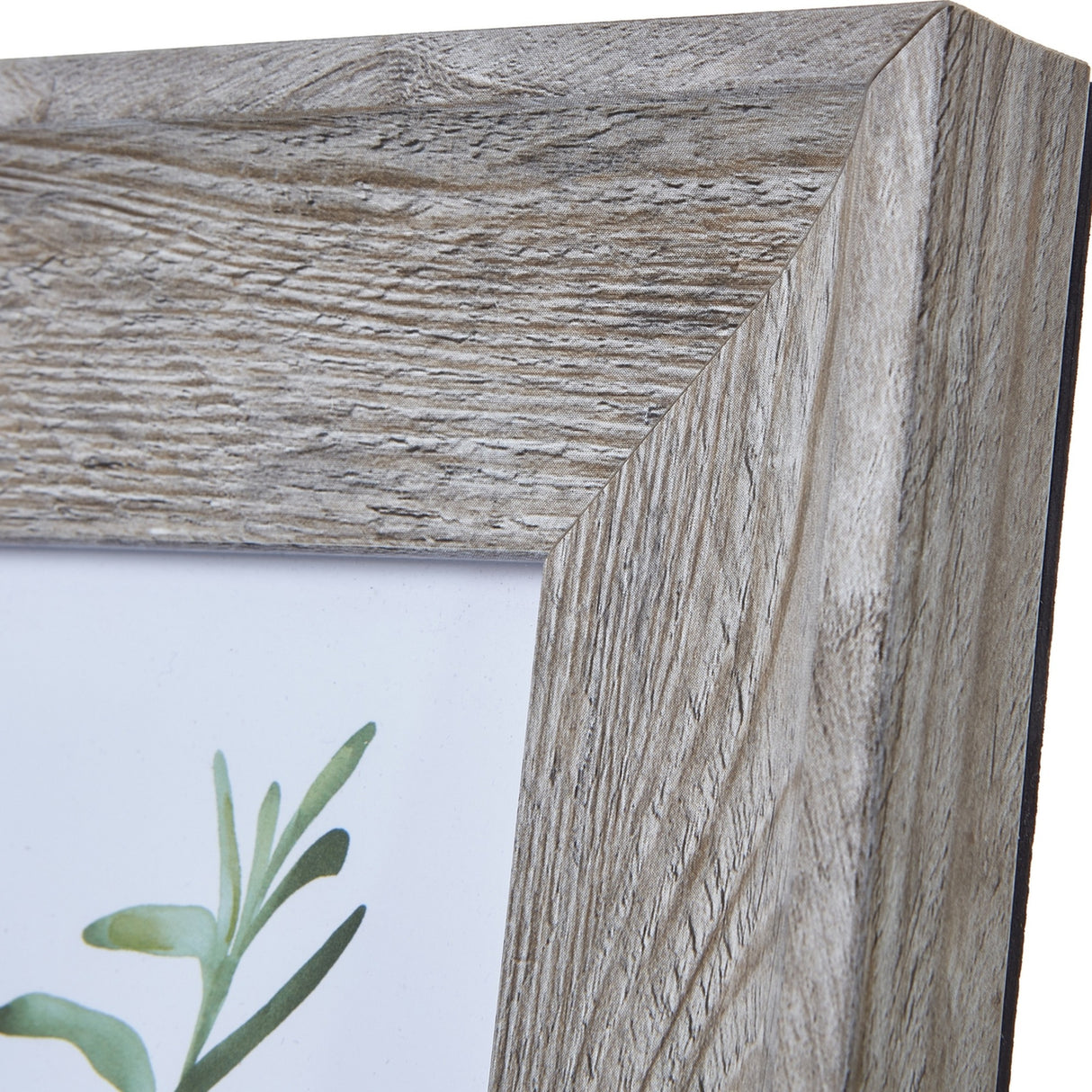 Close-up of the Hill Interiors Grey Washed Wooden Photo Frame corner, showing the mitred joint, visible timber grain and muted grey finish.