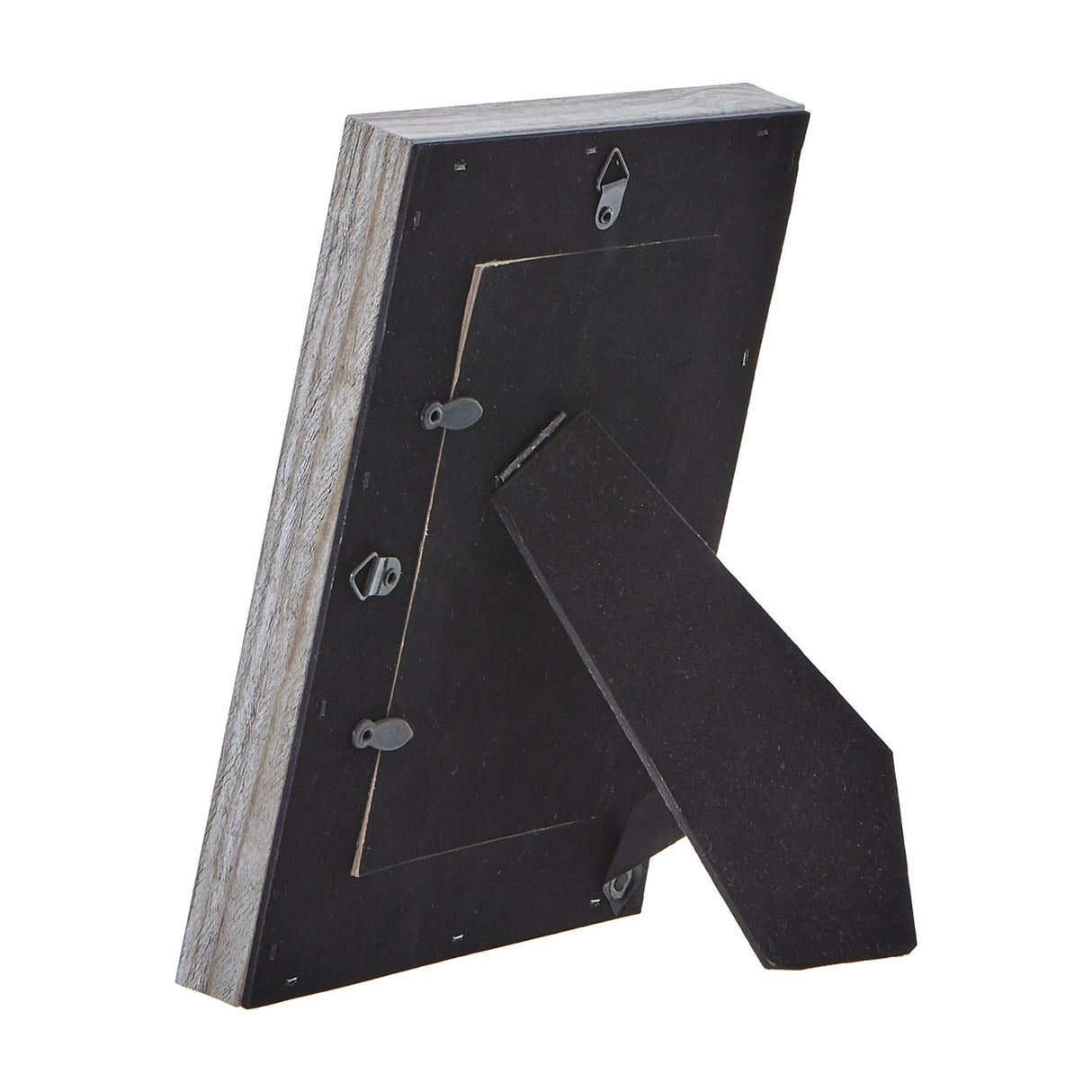 Rear view of the Hill Interiors Grey Washed Wooden Photo Frame showing the black backing board, hanging hooks and fold-out easel stand on a white background.