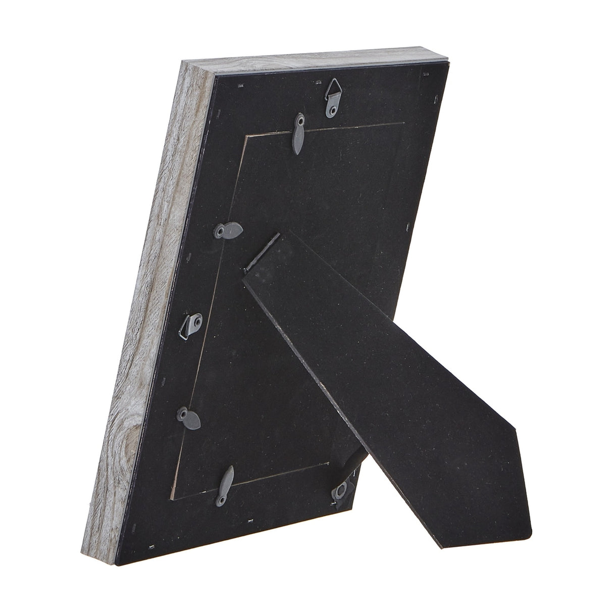Rear view of Hill Interiors Grey Washed Wooden Photo Frame showing black backing board, metal hanging tabs and fold-out stand on a white background.