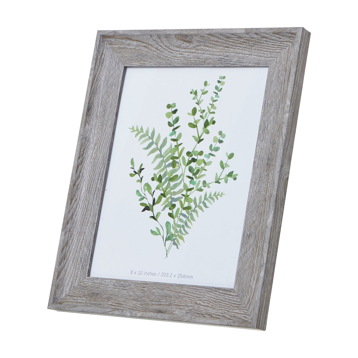 Hill Interiors grey washed wooden photo frame with an 8x10in aperture displaying a green botanical print, shown angled against a plain white background.