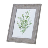 Hill Interiors grey washed wooden photo frame with an 8x10in aperture displaying a green botanical print, shown angled against a plain white background.