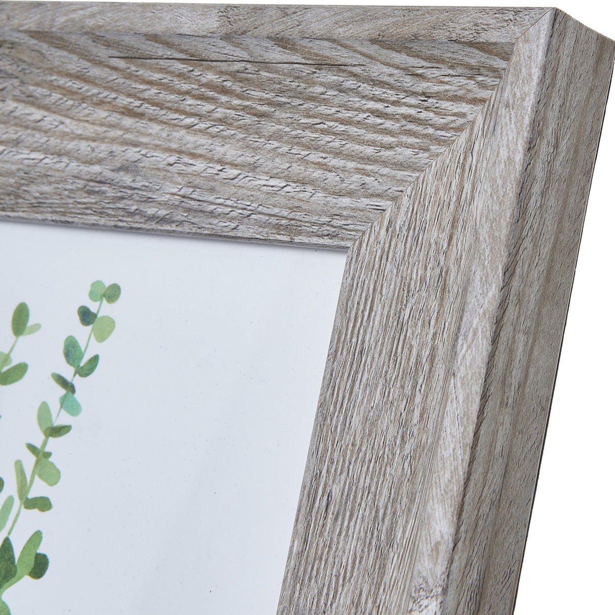 Close-up of the Hill Interiors Grey Washed Wooden Photo Frame corner, showing the moulded timber profile with visible grain and soft grey wash finish.