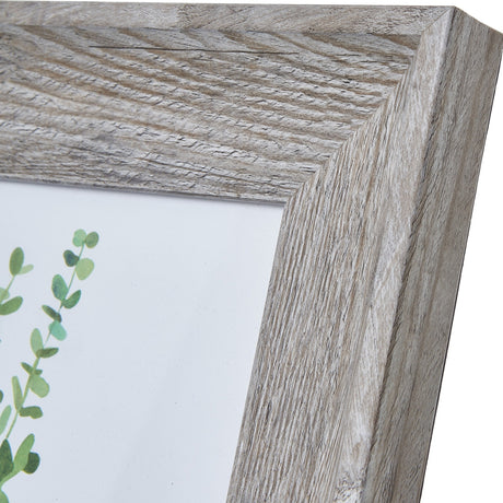 Close-up of the Hill Interiors Grey Washed Wooden Photo Frame corner, showing the moulded timber profile with visible grain and soft grey wash finish.