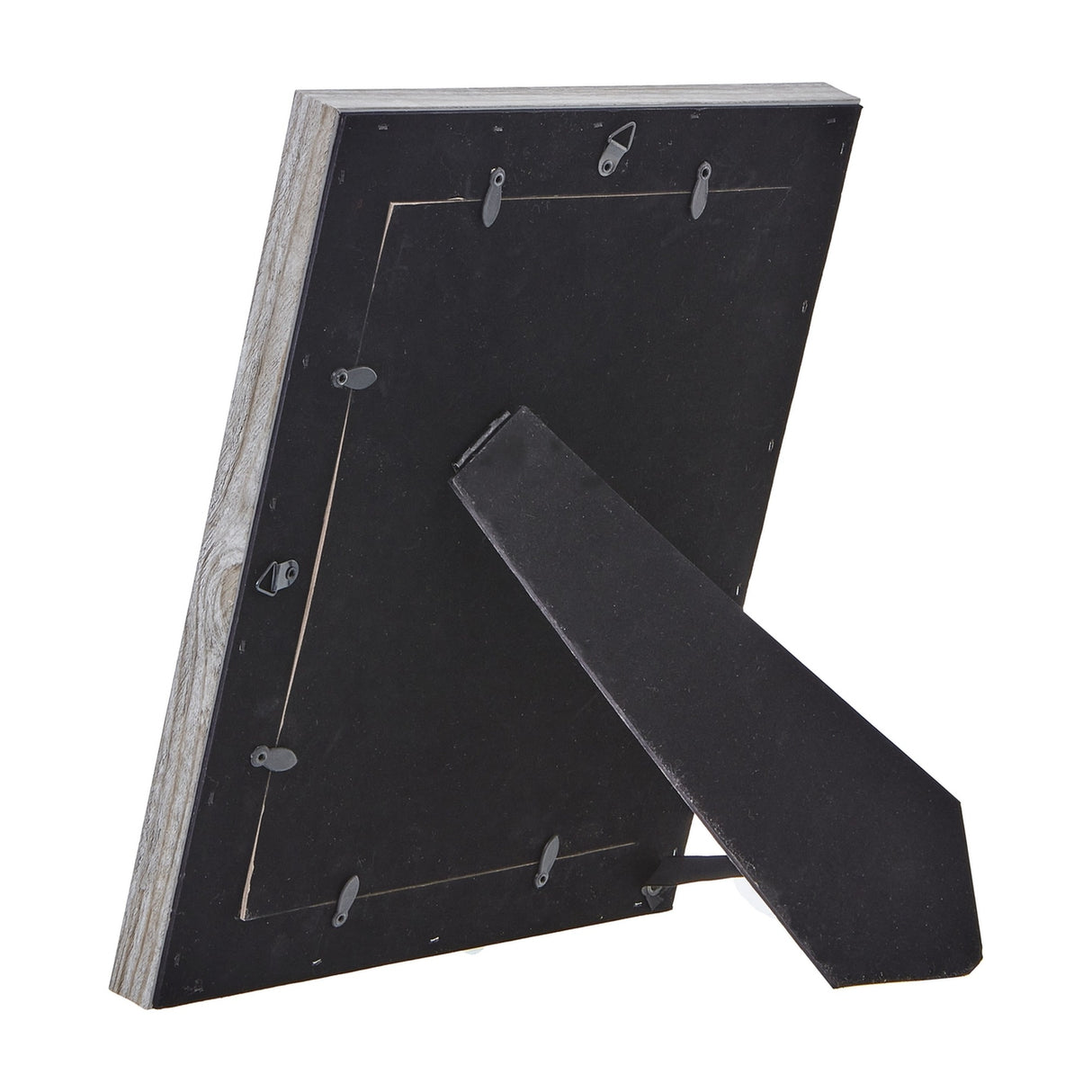 Rear view of Hill Interiors grey washed wooden photo frame showing black backing board, hanging tabs and fold-out kickstand on a white background.