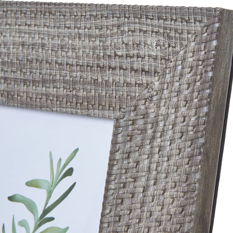 Close-up of Hill Interiors Woven Photo Frame in grey, showing the textured woven surface detail on the wooden frame corner around a 4x6in aperture.
