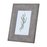 Hill Interiors Woven Photo Frame in grey with textured wooden surround and 5x7in aperture, shown upright on a plain white background.