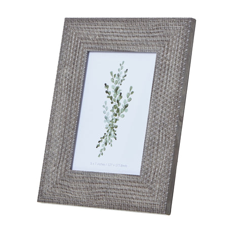 Hill Interiors Woven Photo Frame in grey with textured wooden surround and 5x7in aperture, shown upright on a plain white background.