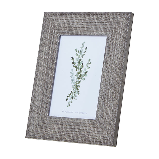 Hill Interiors Woven Photo Frame in grey with textured wooden surround and 5x7in aperture, shown upright on a plain white background.