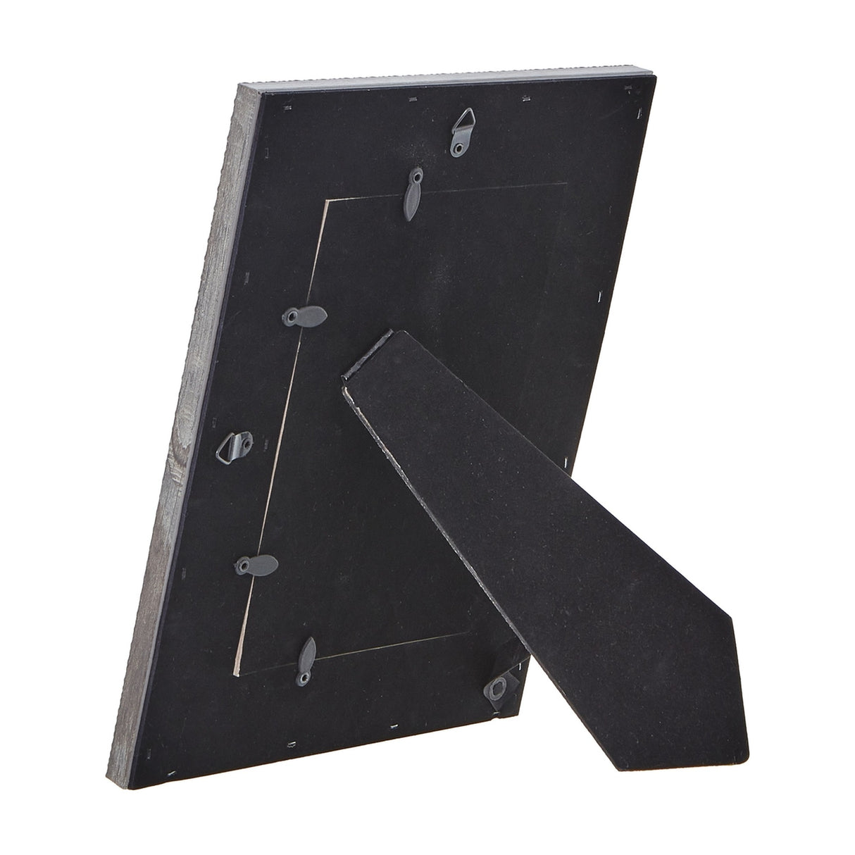 Rear view of Hill Interiors Woven Photo Frame in grey, showing black backing board with hanging tabs and fold-out easel stand for freestanding display.