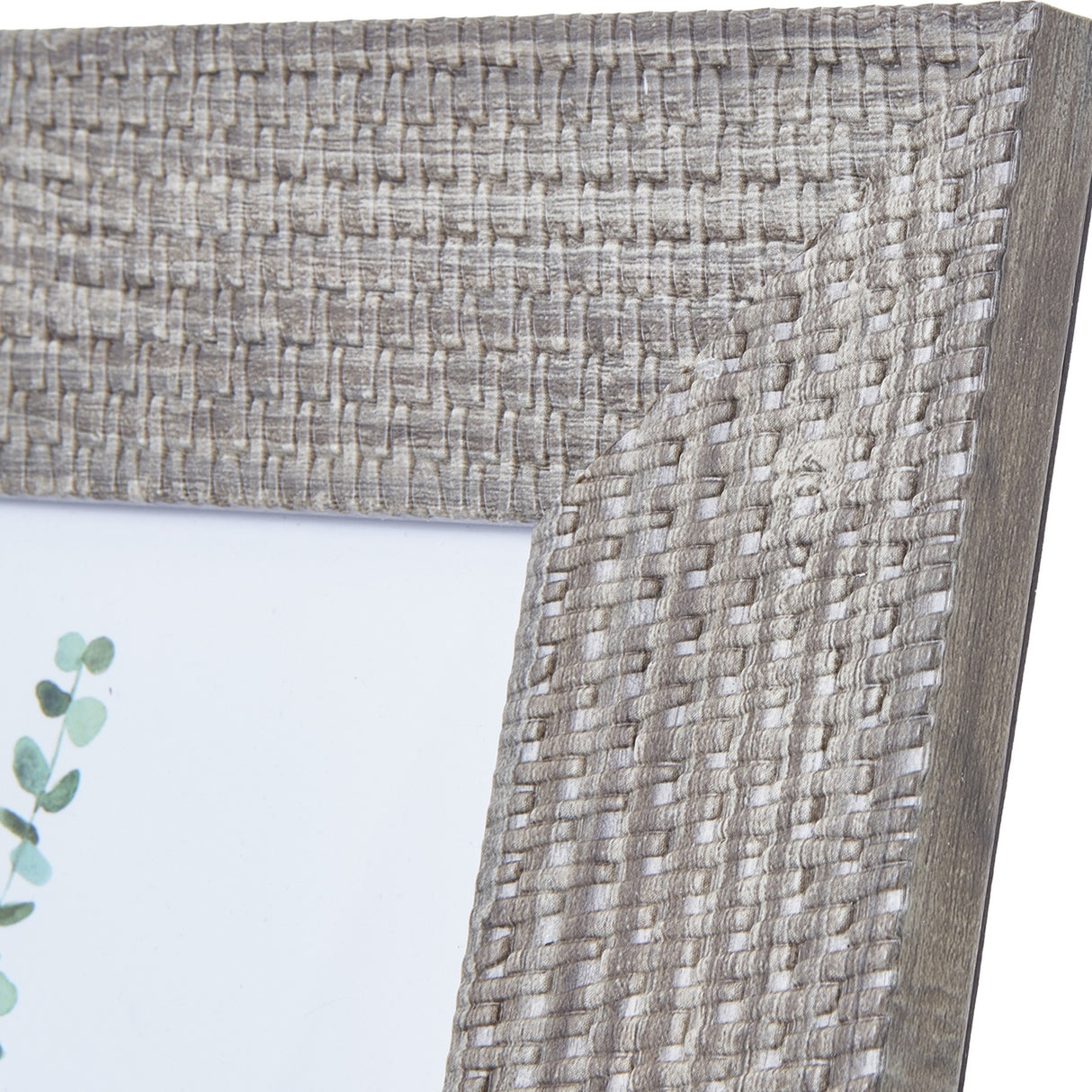 Close-up of Hill Interiors Woven Photo Frame in grey, showing the wooden surround with tactile woven texture and a corner of the 8x10in aperture.