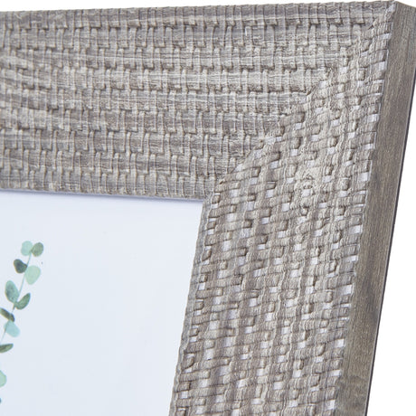 Close-up of Hill Interiors Woven Photo Frame in grey, showing the wooden surround with tactile woven texture and a corner of the 8x10in aperture.