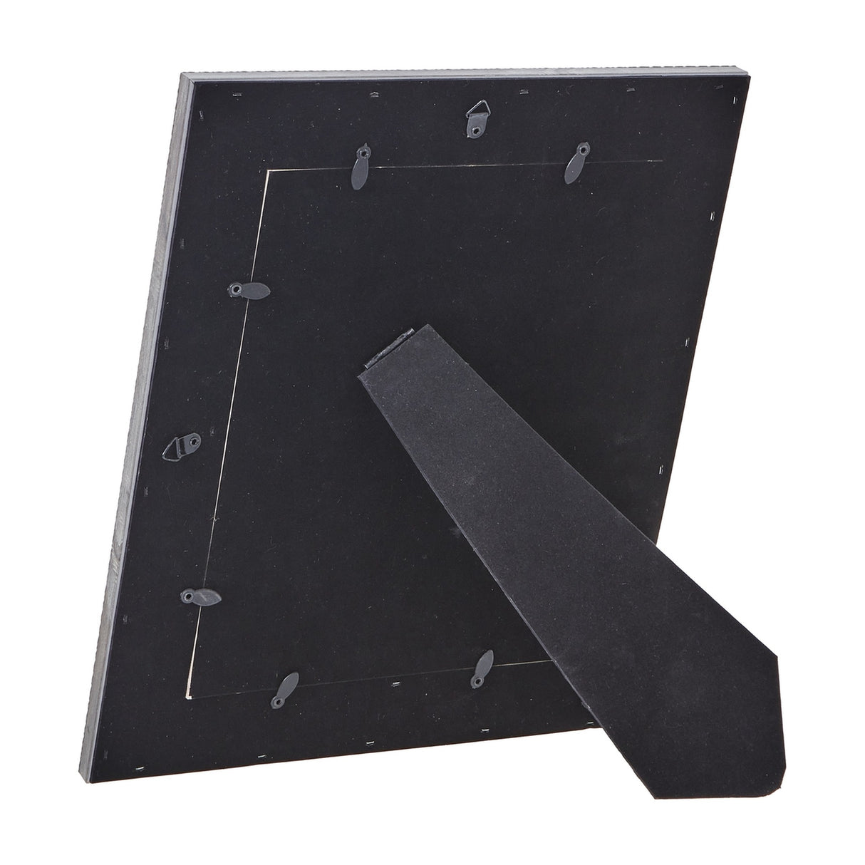 Rear view of the Hill Interiors Woven Photo Frame in grey, showing the black backing board with hanging tabs and detached kickstand on a white background.