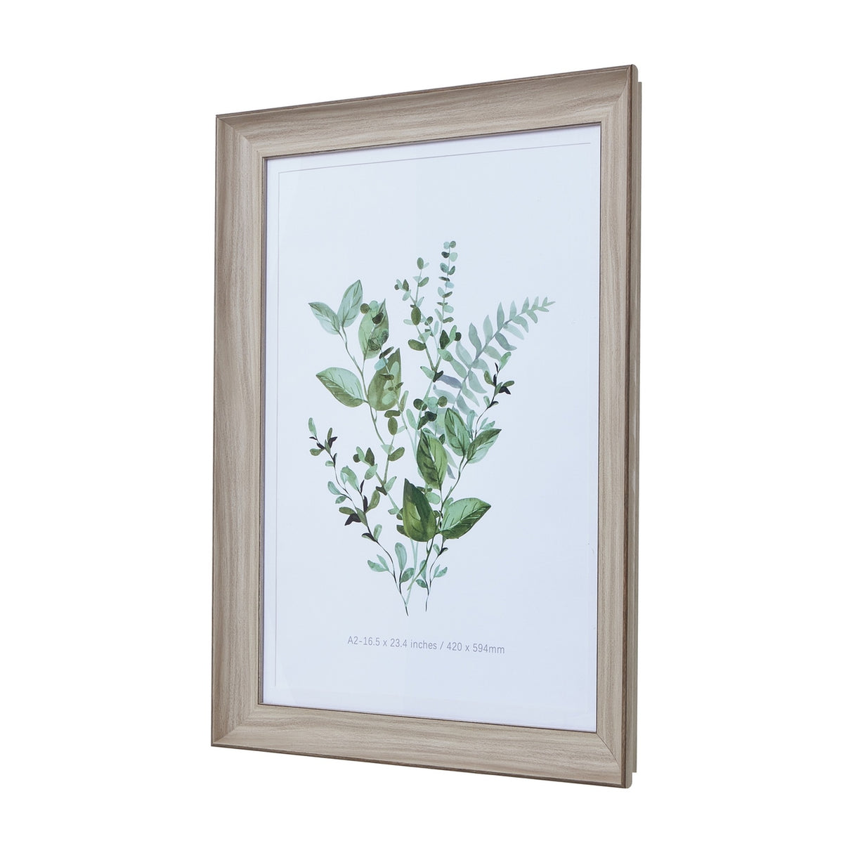 Hill Interiors White Washed Wooden A2 Picture Frame displaying a green botanical watercolour print, shown at an angle against a white background.