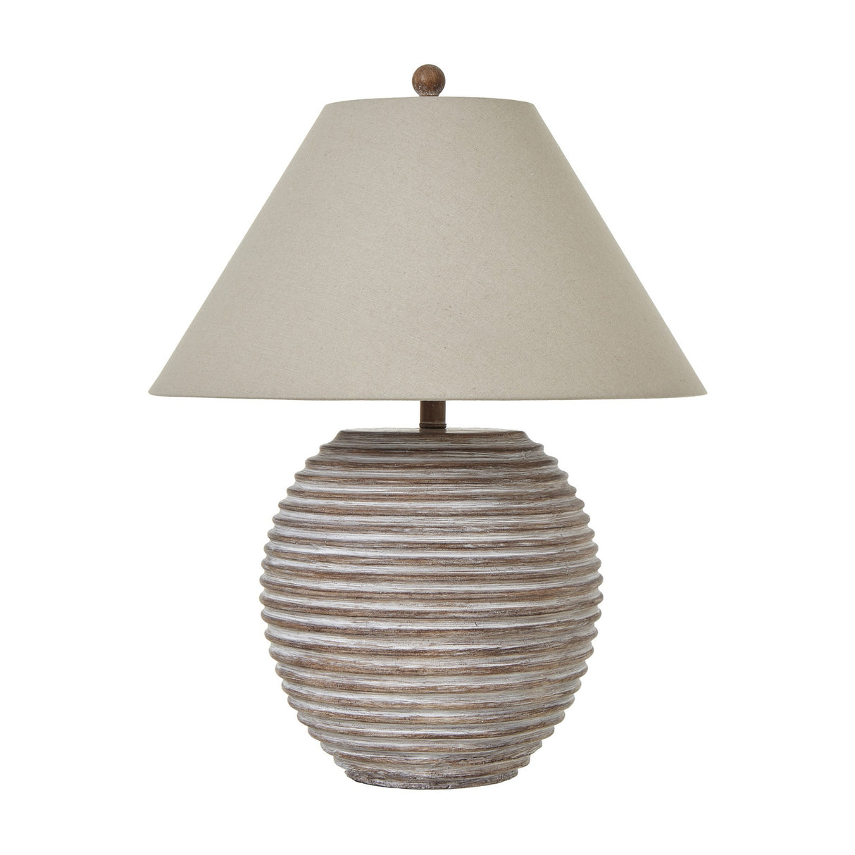 Hill Interiors Ceramic Table Lamp with a rounded ribbed brown base and natural linen conical shade topped with a wooden finial, on a white background.