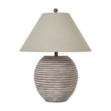 Hill Interiors Ceramic Table Lamp with a rounded ribbed brown base and natural linen conical shade topped with a wooden finial, on a white background.