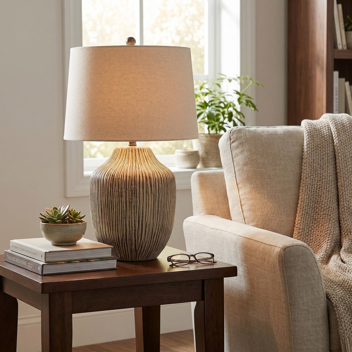Ochre Textured Table Lamp with Linen Shade – Brown